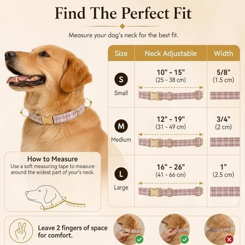 Soft Cotton Dog Collar Classic Plaid Pet Collars with Metal Clasp for Medium Dogs with Sensitive Skin, Blush Pastel Tartan