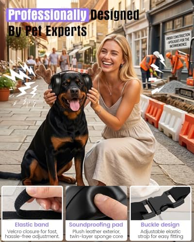 Dog Noise Cancelling Ear Muffs, Dog Ear Muffs for Fireworks with 2 Pairs Calming Pads & Antlers, Sound Proof for Noise Anxiety Thunder, Pet Hearing Protection Gift for Medium Large Dogs