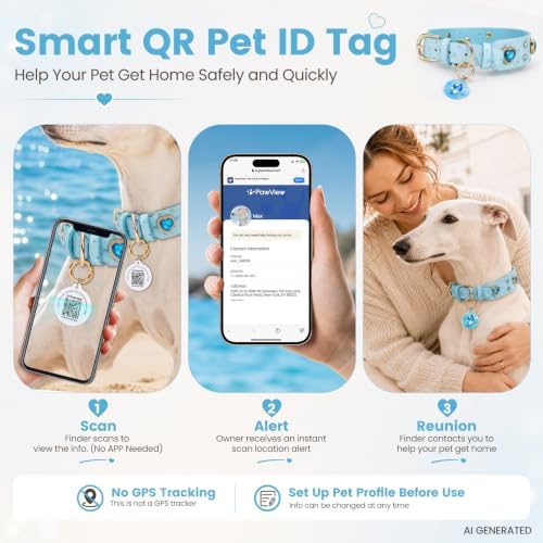 Rhinestone Dog Collar with QR ID Tag, Ostrich-Embossed, Blue, L | Crystal Dog Collar with Ostrich-Embossed Texture, Adjustable Waterproof Fit and QR Scan Pet ID for Stylish Daily Wear