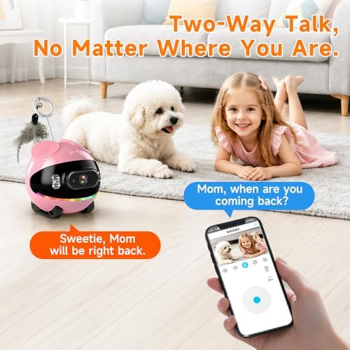 Pet Camera Robot with Cat Teaser: Battery-Operated, Movable with Phone App, 2-Way Talk, Video/Photo, Night Vision (Pink)