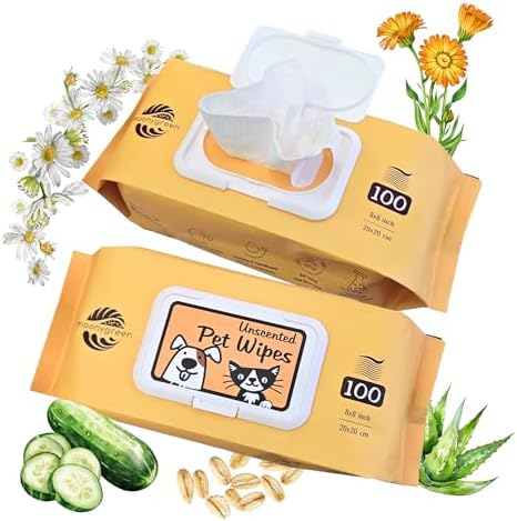 Pet Wipes for Dogs & Cats – Hypoallergenic & Gentle – with Aloe, Oat Extract, Chamomilla, Cucumber, Calendula & Vitamin E – for Cleaning Paws, Face & Body – Unscented – 400 Count