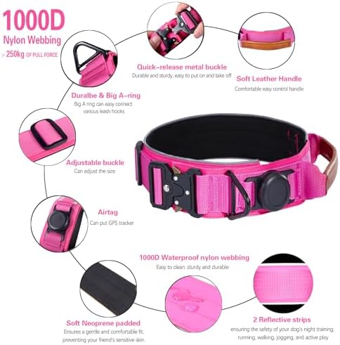 2" Tactical Dog Collar with Airtag Holder & Handle for Large Dogs (Pink)