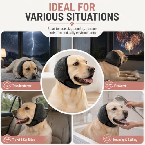 Dog Ear Muffs Noise Protection,Ear Muffs for Dogs,Calming Ear Wrap for Anxiety Relief, Waterproof Adjustable and Non Slip No Shake for Grooming, Bathing, Fireworks and Thunderstorms(2PC Black,L)
