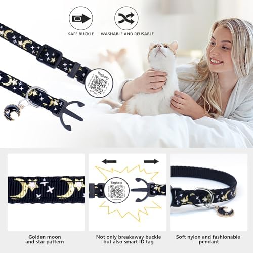 Breakaway Cat Collars with Bell Moons Stars Cute Kitty Adjustable Safe Kitten Collars with Pendant Glow in The Dark,Airtag Cat Collar, Air tag Safety Buckle (Purple)