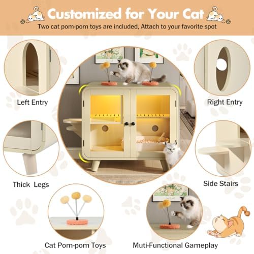 Smart Cat Litter Box Enclosure with RGB LED Light，TV-Style Cat Cabinet with Transparent Doors,Side Steps,Pom-Pom Toys,Indoor Pet House for Living Room,Bedroom(30.7"*23.6"*28",Beige)