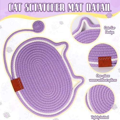 Cat Scratcher Mat Natural Cotton Rope Oval Horizontal Floor Cat Scratch Bed Pad with Ball Toy Protector for Furniture Floor Wall (Purple, 1PC)
