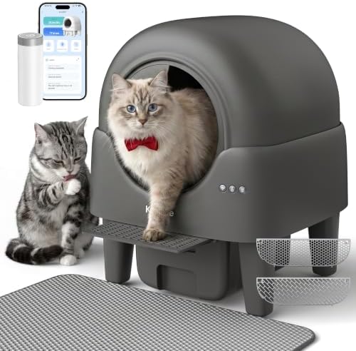 Self Cleaning Cat Litter Box, 90L Large Capacity with APP Control & Smart Safety Sensors, Cats 2.2–15 lbs, Quiet Operation, Easy Clean Detachable Globe, Grayish Black