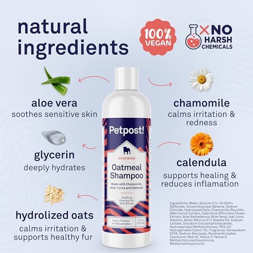 Petpost | Oatmeal & Chamomile Dog Shampoo. Soothes Dry, Sensitive Skin, Moisturizes & Softens Coat with Aloe & Yucca. 8 oz