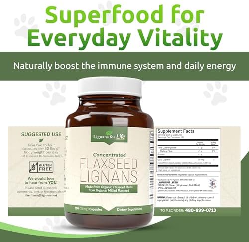 Lignans For Life Flaxseed Lignans for Dogs & People + SDG - Omega 3 Fatty Acids, High Fiber Antioxidants - Improve Shiny Coat, Digestive & Heart Health for Dogs, 15mg, 180 Flaxseed Capsules, 1 Pack