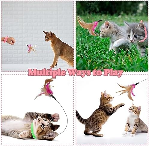 KALAMANDA Cat Collar Toy, 3 Pcs Cat Feather Toy with Neck Collar, Interactive Self Playing Toys with Bell for Indoor Kittens Small Animals(Pink/Blue/Green)