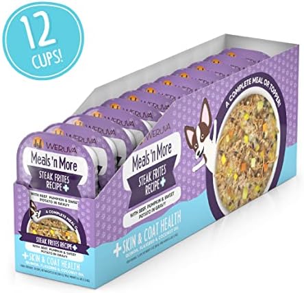 Weruva Meals 'n More Natural Wet Dog Food, Steak Frites Dinner Plus Skin & Coat Health, 3.5oz Cup (Pack of 12)