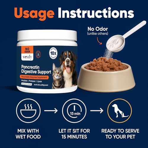Woofy Pancreatin Digestive Support | Pancreatic Digestive Enzymes | 10x Pancreatin | No Odor | Pancreatin for Dogs and Cats | Pancreatic Enzyme | Great for Pets with EPI | 250 Grams