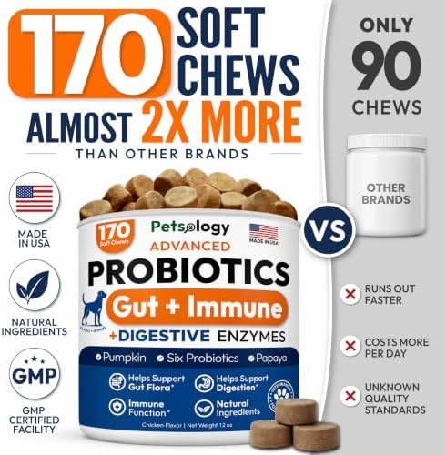 Probiotics for Dogs - 170 Dog Probiotics Chews - Digestive Enzymes Support