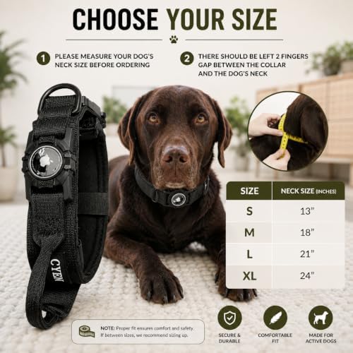 Heavy Duty Tactical Dog Collar with Tracker Pocket,Adjustable GPS Tracking Collar for Small, Medium & Large Dogs, Compatible with Compact Smart Trackers,Control Handle for Added Security (Black, M)
