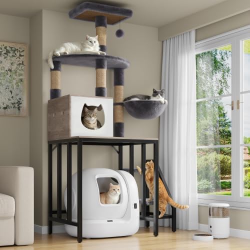 HavenlyYouth Cat Tree for Self-Cleaning Litter Box, 67.3''H Multi-Level Cat Tower for Automatic Litter Box 28.9H*24.1''L*21.1''D, Cat Tree Furniture with Perch and Cozy, Light Gray