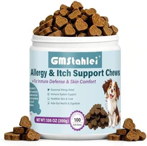 Dog Allergy Relief Chews, Itchy Skin, Paw Licking & Hot Spots Support with Omega-3 Fish Oil, Colostrum & Probiotics, Seasonal Allergy & Immune Support, 100 Count