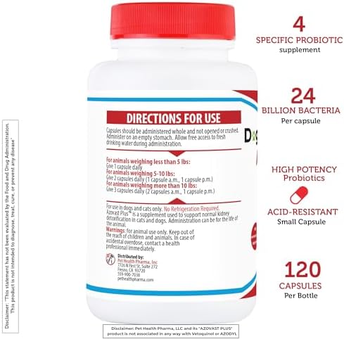 Azovast Plus Kidney Health Supplement for Dogs & Cats -24 Billion CFU- NO Refrigeration Required - Help Support Kidney Function & Manage Renal Toxins - Renal Care Supplement Capsule(U.S.A) (240 Caps)