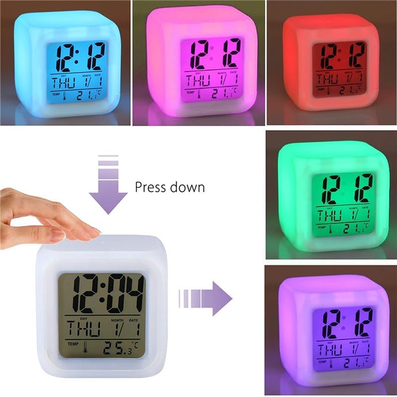 7 Color Change LED Digital Alarm Clock with Date Alarm Thermometer Home Desktop Child Alarm Clock White and Tan English Bulldog Lying on Black Rug