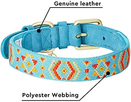 Blueberry Pet 3 Patterns Southwestern Magical Tribal Print Genuine Leather & Polyester Fabric Combo Dog Collar with Metal Buckle - Celeste Blue, Medium, Neck 15"-18"