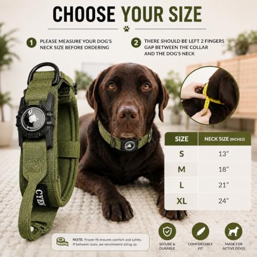 Heavy Duty Tactical Dog Collar with Tracker Pocket,Adjustable GPS Tracking Collar for Small, Medium & Large Dogs, Compatible with Compact Smart Trackers,Control Handle for Added Security (Green, XL)