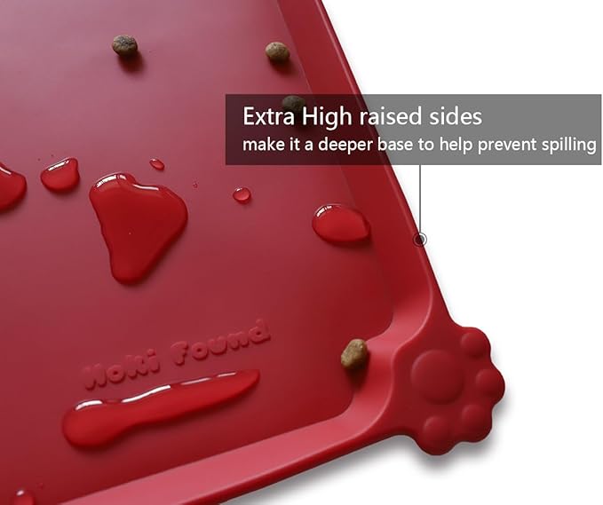 Hoki Found X-Large Silicone Non Slip Pet Feeding Mats - Waterproof Dog Cat Food Mats for Carpet - Classic Red