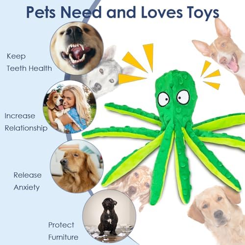 4 Pack Squeaky Dog Toys - Octopus Plush Dog Toys for Aggressive Chewers, No Stuffing, Crinkle, Durable Interactive, 4 Colors
