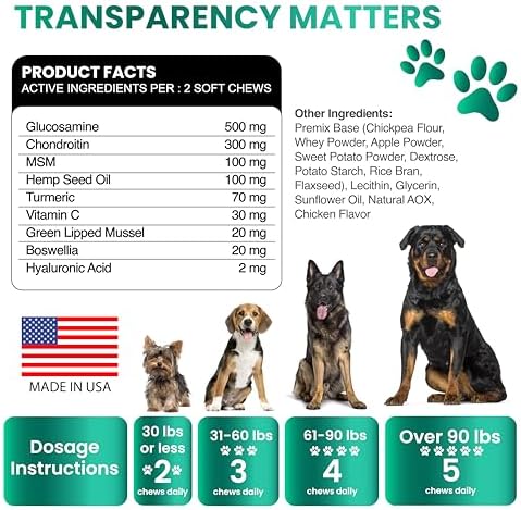 Hemp Hip and Joint Supplement for Dogs - Glucosamine for Dogs - 170 Count