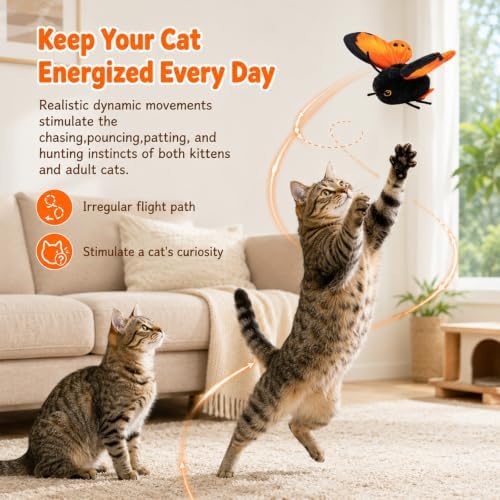 2026 New Smart Sensing Flapping Butterfly Toy Interactive Cat,Electric Butterfly Cat Toy,Realistic Wing Movements Encourage Cats to Chase,Suitable for Indoor Play(Orange)