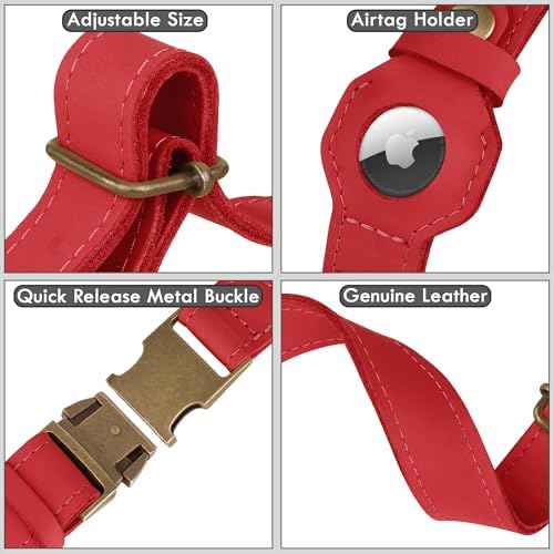 AirTag Dog Collar - Genuine Leather Dog Collar with Apple AirTag Holder and Metal Buckle - Smart GPS Tracking Pet Collars (Red, L, 17"-21" Neck Fit)