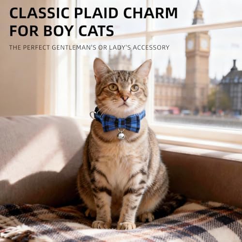 Plaid Breakaway Cat Collar with Bell & Removable Bow Tie – Cotton Kitten Collar with Bells for Boy Cats or Small Dogs. Adjustable Size 7.5-12.2in (3, Red/Green/Navy)