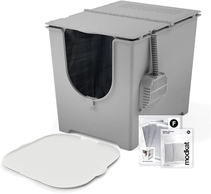 Modkat® Flip Starter Kit - Flip Litter Box (Gray), Katch Litter Mat (White), 4X Reusable Litter Liner, Litter Scoop, 2X Charcoal Filters