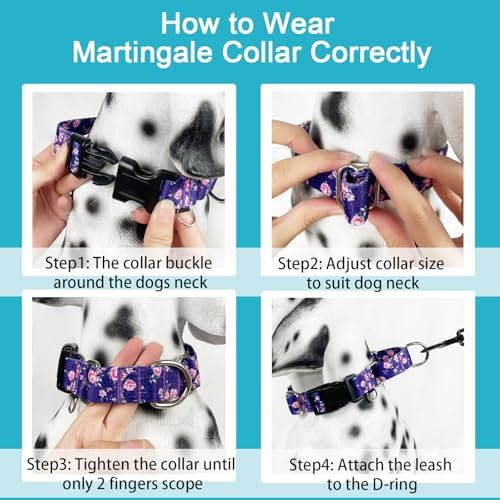 Martingale Collar for Dogs with Buckle Floral Dog Collar Girl Female Soft Nylon Dog Collars for Small Medium Large Dogs (Purple Flower, L)