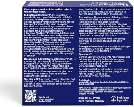 NexGard Plus (afoxolaner, moxidectin, and pyrantel) Flea and Tick Protection & Heartworm Preventive for Dogs Soft Beef Flavored Chewables, 33.1-66 lbs. (Purple) 6 Chews (6 Month Supply)