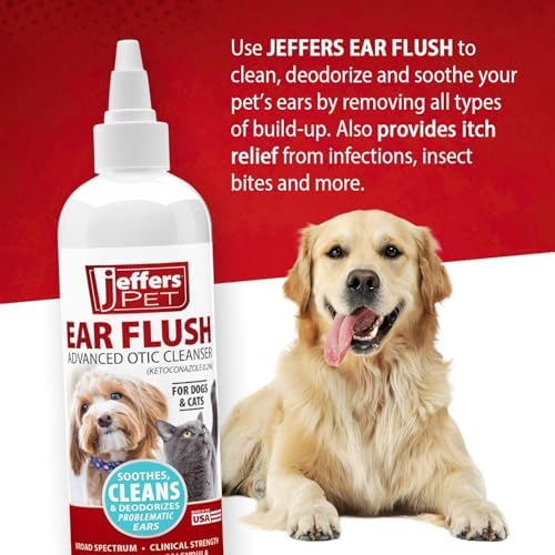 Jeffers Ear Flush for Dogs, Cats & Puppies, 8 oz - Otic Ear Cleanser Solution with 0.2% Ketoconazole, Aloe Vera & Calendula, Gentle Ear Wash for Pet Hygiene, Grooming, Wax & Debris Cleaning