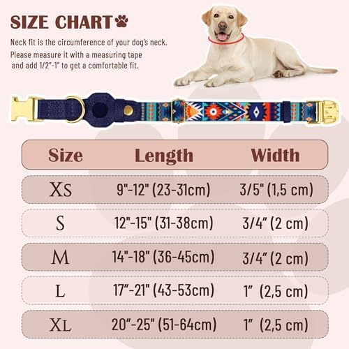 AirTag Dog Collar for Small Medium Large Breed - Adjustable Cute Pattern Dog Collar with Airtag Holder - Soft Leather Tracker GPS Apple Air Tag Pet Collars (Small, 12"-15" Neck Fit, Navajo)