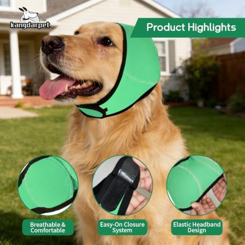 Dog Ear Cover for Noise Protection & Anxiety Relief, Adjustable No Shake Ear Wrap for Firework, Hematoma, Bathing, Swim, Grooming and Force Drying (Green, S(Head Size:10"-15"))