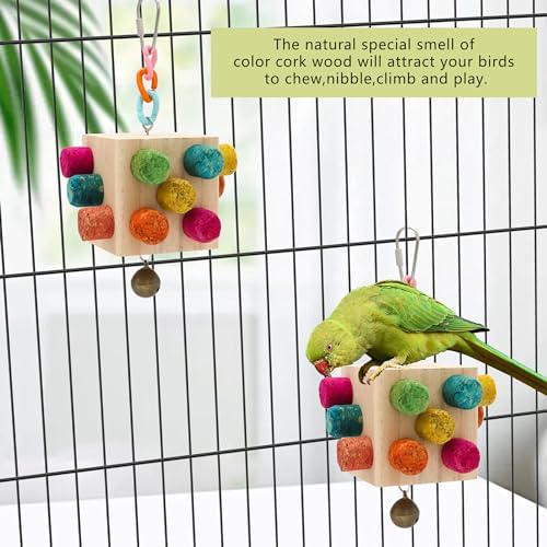 Square Bird Chew Toy, Parrot Cork Stopper Toys Bird Swing Bell Hanging Wooden Puzzle Foraging Toys Small Bird Bite Perch Stand, Small and Medium Parrots (1 Pack-Square Cork Stick)