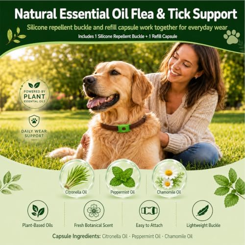 Natural Flea and Tick Repellent Buckle for Dogs, Dog Flea & Tick Control Pendant Tag, Water-Resistant Silicone Buckle with 1 Refill Capsule for Most Dog Collars