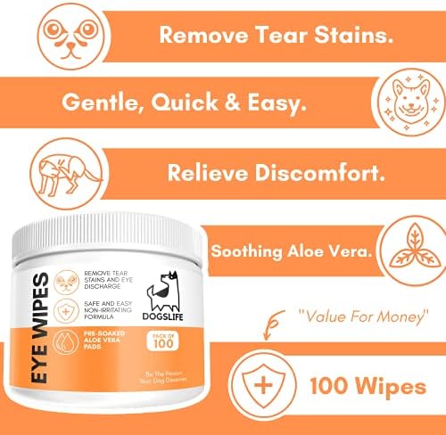 Dog Eye Wipes | Safe & Easy Cleaning Eye Wipes for Dogs | Remove Tear Stains, Dog Eye Crust & Eye Discharge | Pack of 100 | Soothing Aloe Vera Formula!