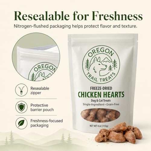 Oregon Trail Treats Freeze Dried Chicken Hearts 4oz - Premium Single Ingredient Cat & Dog Chicken Treats - No Preservatives, Zero Gluten or Grain - Made in the USA