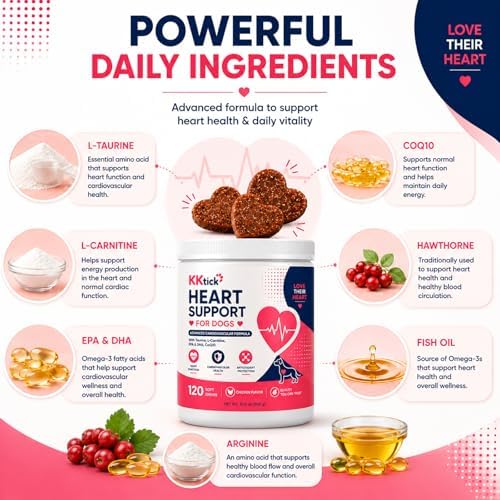 Heart Support for Dogs, Taurine & CoQ10 Soft Chews with L-Carnitine, EPA & DHA, Cardiovascular Support, Senior Heart Health & Antioxidant Support, Chicken Flavor, 120 Soft Chews