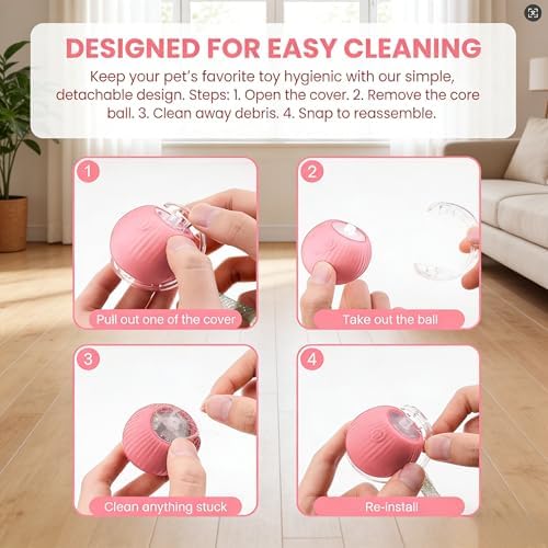 Interactive Cat Toys Ball，Automatic Interactive Cat Toy with 3 Modes, LED Light & 3 Replaceable Accessories, Indoor Cat Exercise Toy for Kittens & Adult Cats, Relieves Boredom Peach Pink