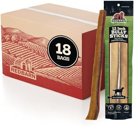 Redbarn Pet Products 12" Bully Sticks 100% Natural Dog Chews 2-Count, Pack of 18 Long Lasting Rawhide Free Beef Pizzle Treats for Medium, Large Dogs Dental Health Support