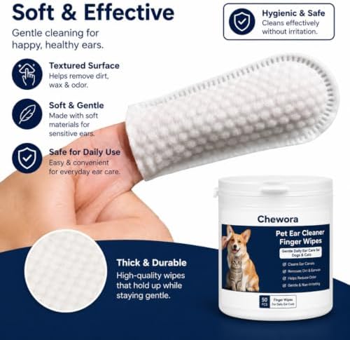 Pet Ear Cleaning Finger Wipes for Dogs & Cats, 50 Count, Unscented Ear & Eye Cleaning Wipes, Soft Non-Woven Finger Wipes for Wax, Dirt & Tear Stain Removal, Gentle Daily Grooming