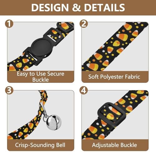 2 Pack Kitten Collars Halloween Candy Corn Black Dog Collar with Bell, Adjustable 10.6 to 17.1 Inches