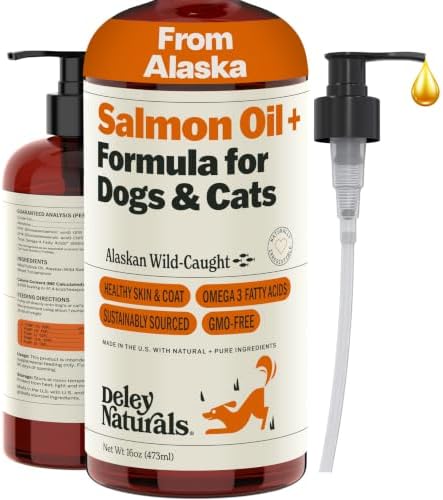 Deley Naturals Wild Alaskan Salmon Oil for Dogs & Cats - New and Improved Salmon Oil Plus Formula - Fish Oil for Dogs with Omega 3, DHA and EPA - Omega 3 for Healthy Skin and Coat - 16oz Made in USA