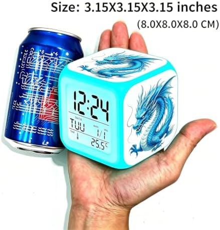 Wake Up Light Chinese Green Dragon Cube Alarm Clock, Battery Powered 7 Color Changing LED Light, Multifunctional Thermometer Calendar Myth Creature Bedroom Decor Gift