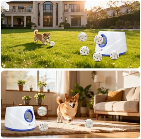 Automatic Dog Ball Launcher with 6 ETPU Balls, White, Adjustable Distance 20-45ft, USB Rechargeable, Interactive Pet Toys (Yellow)