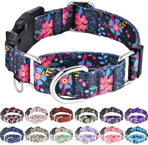 Slip Collar for Dogs Martingale Collar with Buckle Floral Adjustable Soft Nylon Dog Collars (Blue Pink Flower, Large)