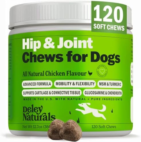 Deley Naturals Hip and Joint Supplement for Dogs - Glucosamine Chondroitin MSM & Collagen for Dogs - Dog Joint Supplement, Smaller Chews, Low Calories, Same Ingredients - 120 Chicken Flavor Chews